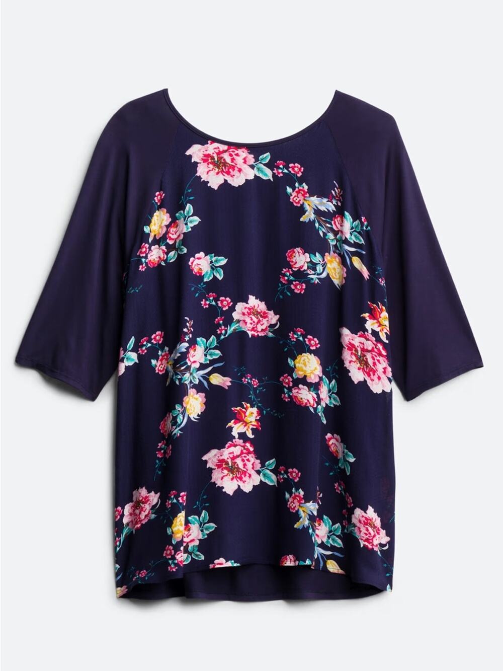 KAILEIGH Vernon Mixed Material Scoop Neck Short Sleeves Top Navy Floral  2X